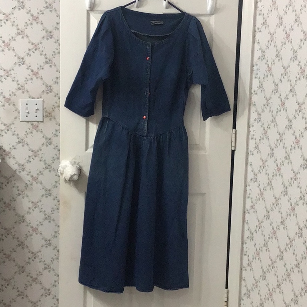 PV Rich Vintage Sz 5 Maxi/Midi Denim Prairie Style Drop Waisted Buttoned Dress. - Picture 1 of 7